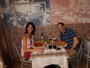 Fighting back against jet lag with our first pizza in a Rome cafe.