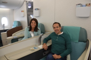 Korean Air First Class A380 Kosmo Suites. KA will not let you use SkyMiles to go First, only Biz. So MCMSH set up Korean Air accounts for us to grab these seats.